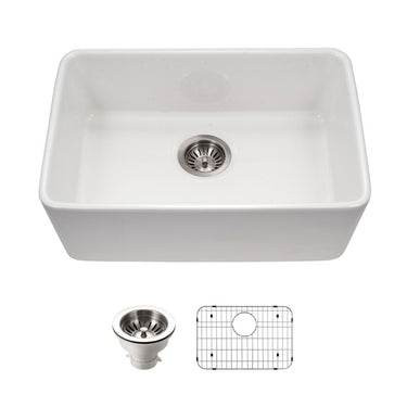 Houzer Platus 24 inch White Fireclay Undermount Single Bowl Kitchen Sink with Strainer & Grid